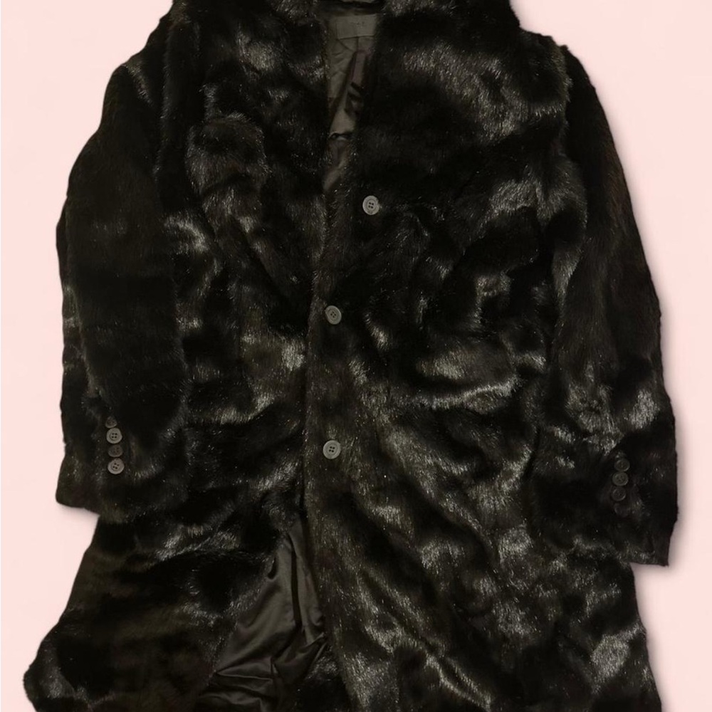Black faux fur coat with button-up front and collar